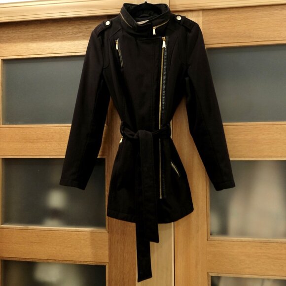 MICHAEL KORS~BLACK TRENCH COAT Asymmetrical Zip Military Style Jacket  SZ Medium - Picture 6 of 7